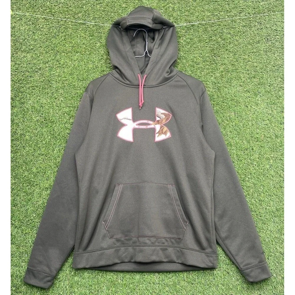 UNDER ARMOUR Storm Hoodie Womens Large Fleece Lined Camo Logo Pink Pullover Y2K